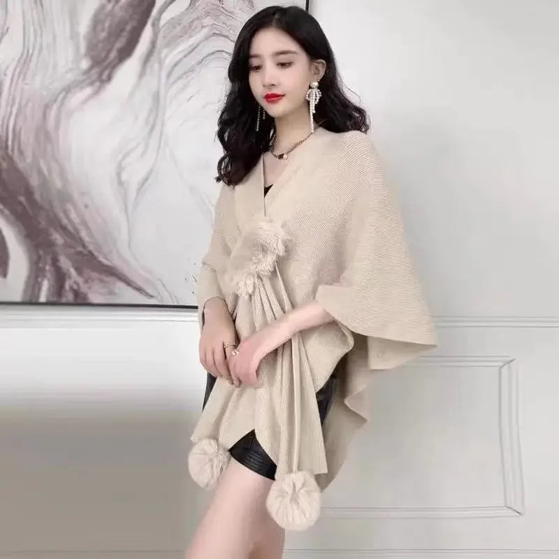 NEW Arrivals 5 Color High Quality Autumn Winter Warm Oversize Cloak Knitted Criss-Cross Poncho Capes Women Female Loose Faux Fur Ball Streetwear Cardigan Shawl Knitwear Girls Ladies Luxury Apparel Accessories Clothing Supplie