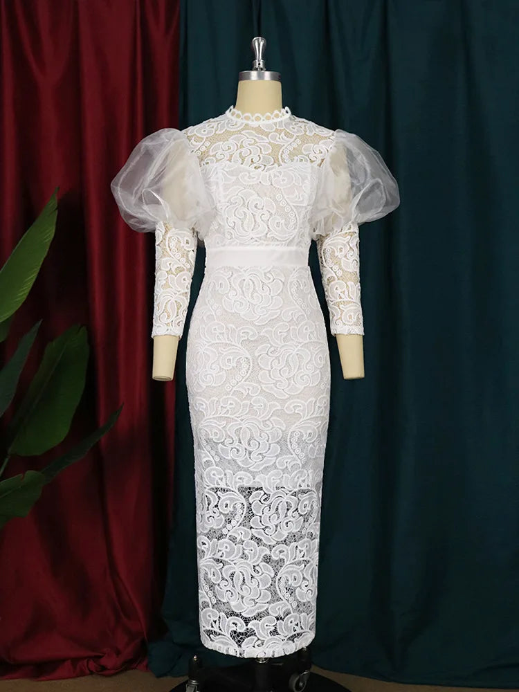 NEW Arrivals UK S-3XL Size African Women Dress Long Dresses Lace Floral Slim Fit Party Puff Sleeve Round Neck Sheath Sexy Gown Tight Waist Elegant Splice Formal Gown