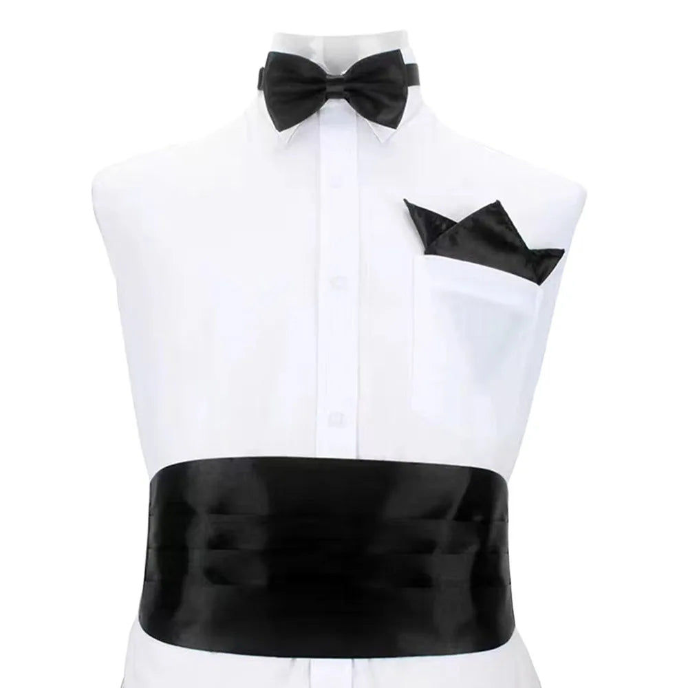 NEW Set Fashion Wide Silk Satin Tuxedo Cummerbund Elastic Gentleman Pocket Square Belly Band Business Neck Tie Set Compere Wedding Guest Evening Party Groom Formal Apparel Sets