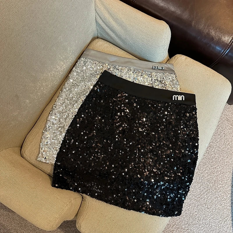 NEW Arrivals Sexy Spice Girl Black Sequin Skirt Women Summer New Spice Girl High Waist Stitching Slim-Fit Elegant Commuting Hip Culotte Ladies Girls Luxury Fashion Clothing Supplies