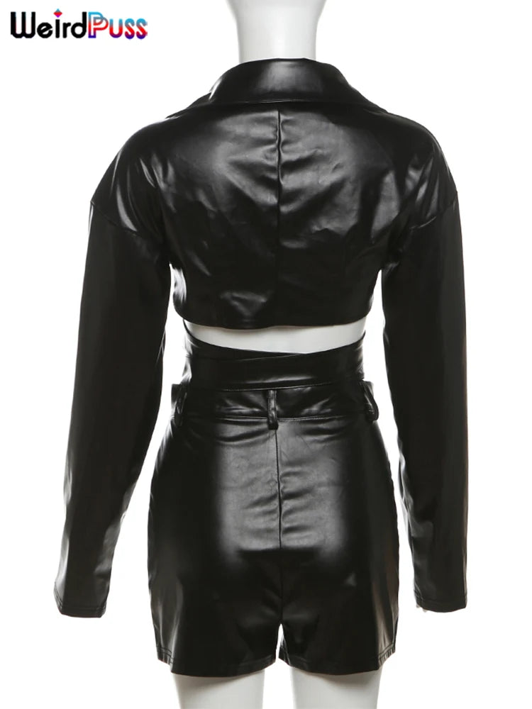 2PCS Set Sexy PU Leather Hipster Women Girls Fall Trend V-Neck Cross Sash Sexy Crop Tops+Shorts Matching Streetwear Outfits Evening Night Clubwear Female Ladies Luxury Fashion Clothing Supplies