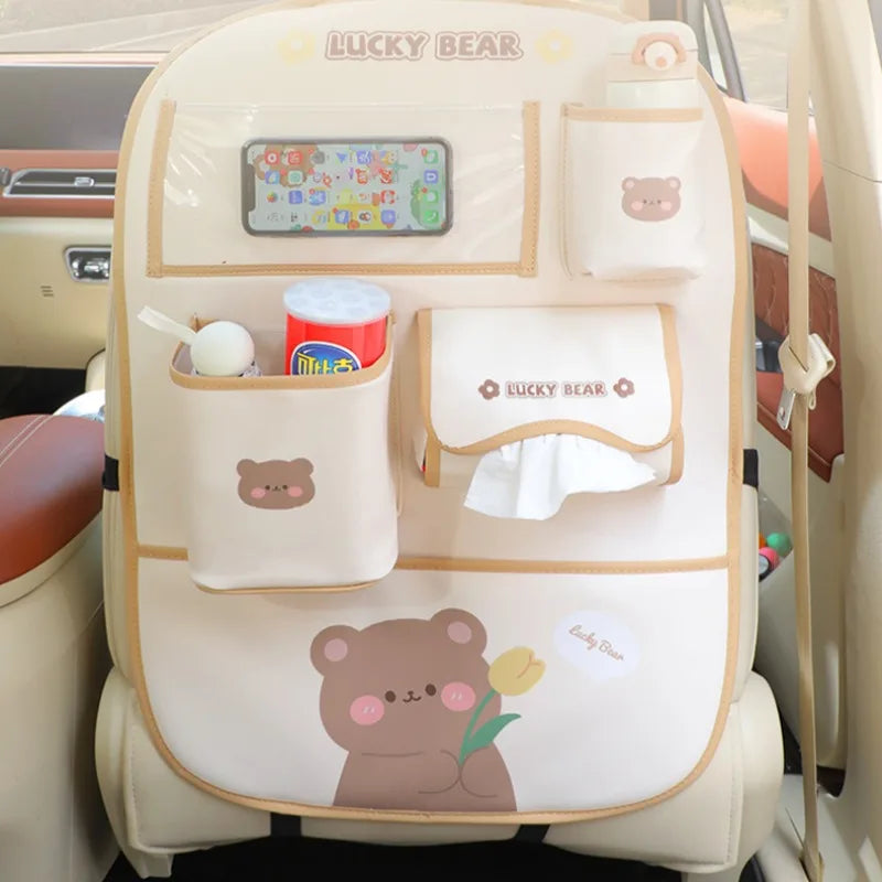 Car Backseat Organizer Cartoon Style Kick Mat Protector for Kids Detachable with Touch Screen Tablet Holder 5 Storage Pockets