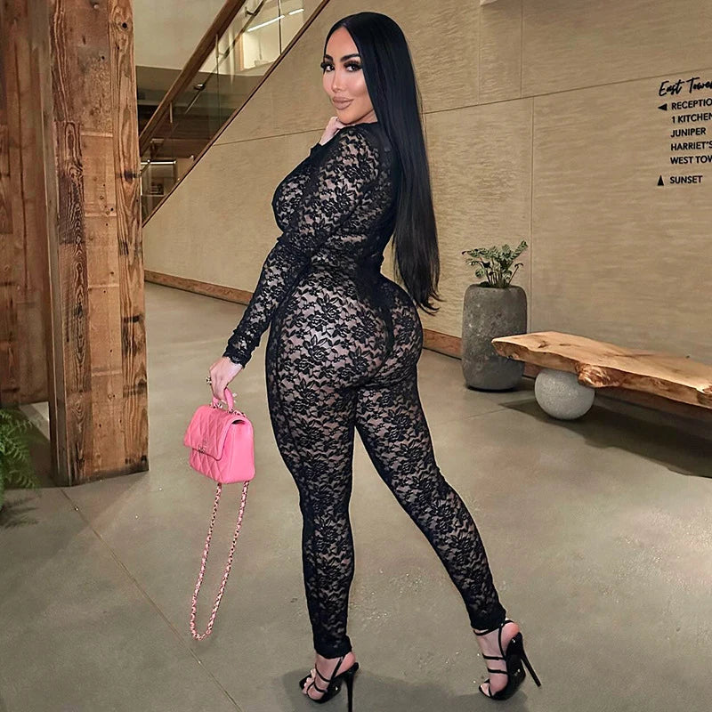 Just Arrived Sexy Black Lace See Through Long Sleeve Bodysuit Jumpsuit Women Clothes Night Clubwear Slim Fit One Piece Bodycon Mesh Playsuit