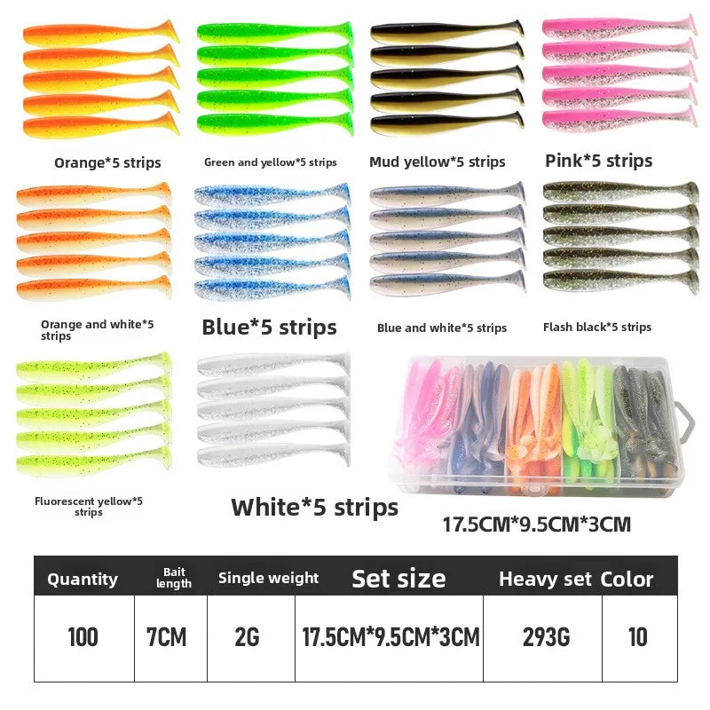 100 PCS Set High-Quality Soft Two-Tone Tail Luminous Glow in the Dark Night Fishing Lures Soft Bait Fake Bait with Lead Head Hook River Ocean Lakes Fishing Accessories Tools Set