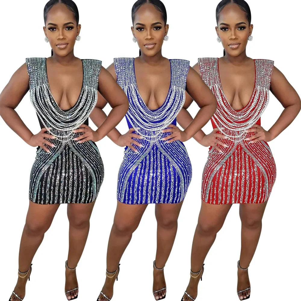 NEW Arrivals S-2XL UK Size Red/Black/Blue Color  Women Mesh V-Neck Diamonds Hot Rhinestones Beading Bodycon Mini Dress Summer Evening Night Club Sexy Party Dresses