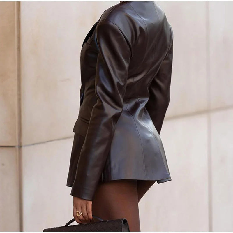 New Arrivals Autumn Woman Black PU Leather Jacket Chic Vintage American Street Wear Short Lapel Zipper Belt Biker Coats Fashion Streetwear Ladies Fashion Clothing Supplies