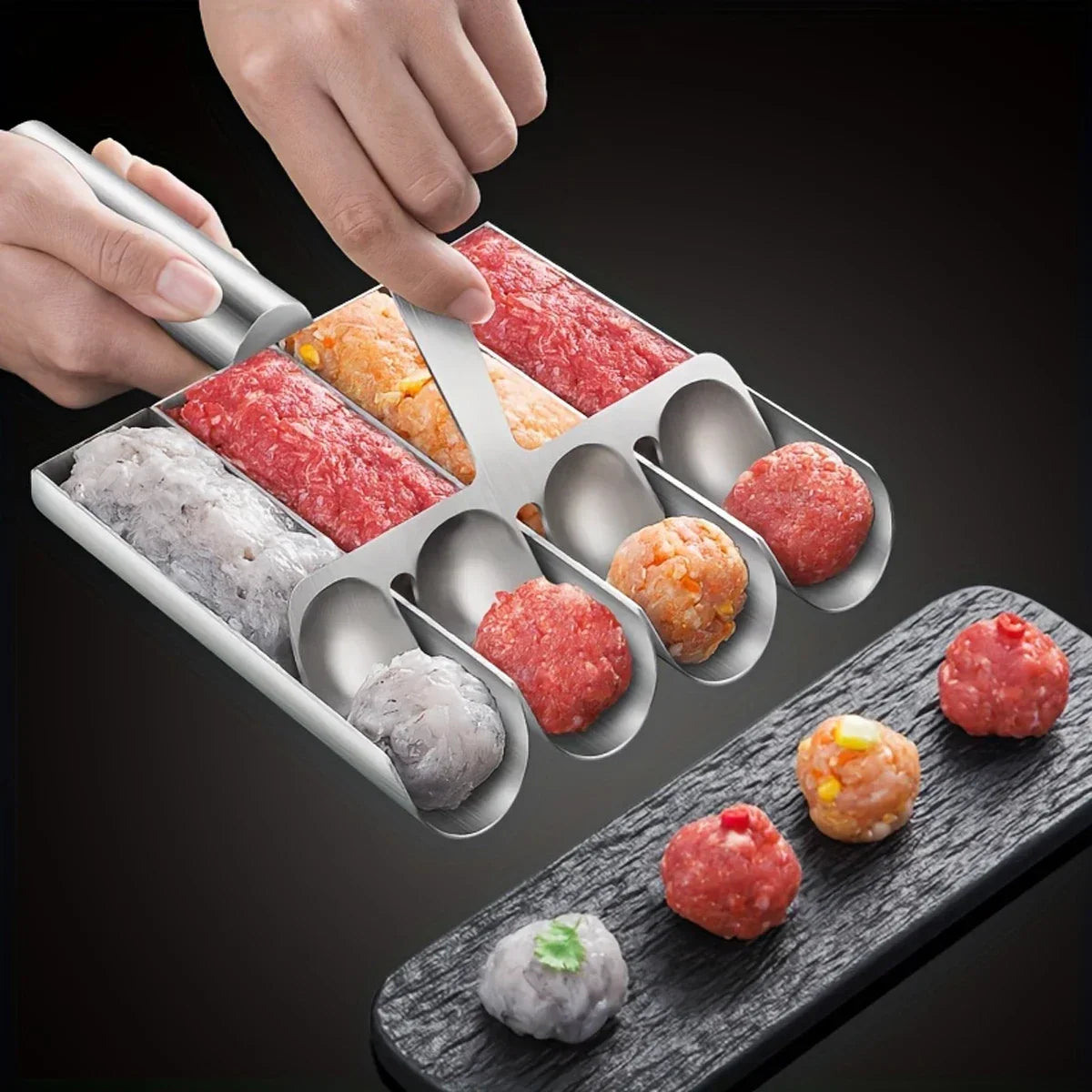 1/2/3.4 Slots Links Make 304 Stainless Steel Meatballs Rice-Meat Dumplings Maker Household Fish Ball Shrimp Sliding Die Meat Ball Maker Mold With Meat Dish Scoop Kitchenware Cooking Accessories