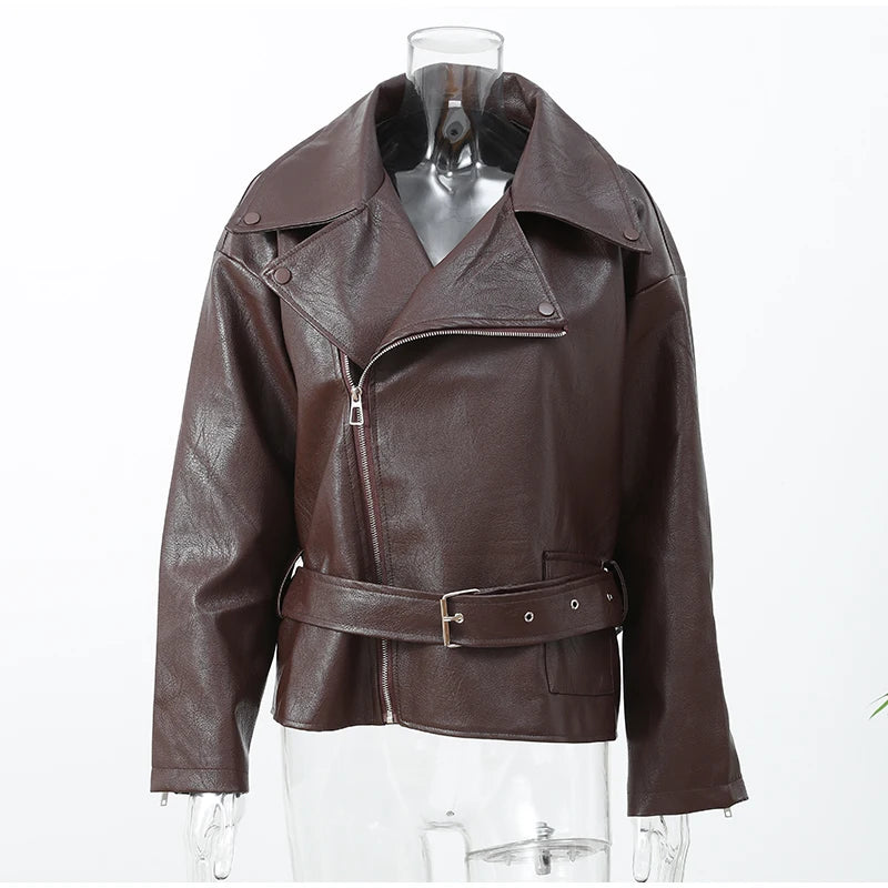 UK Size Casual Dark Red/Burgundy Color  Zipper Leather Short Jackets Women Long Sleeve Lace Up Lapel Loose Button Coat Lady Daily High Street Wear