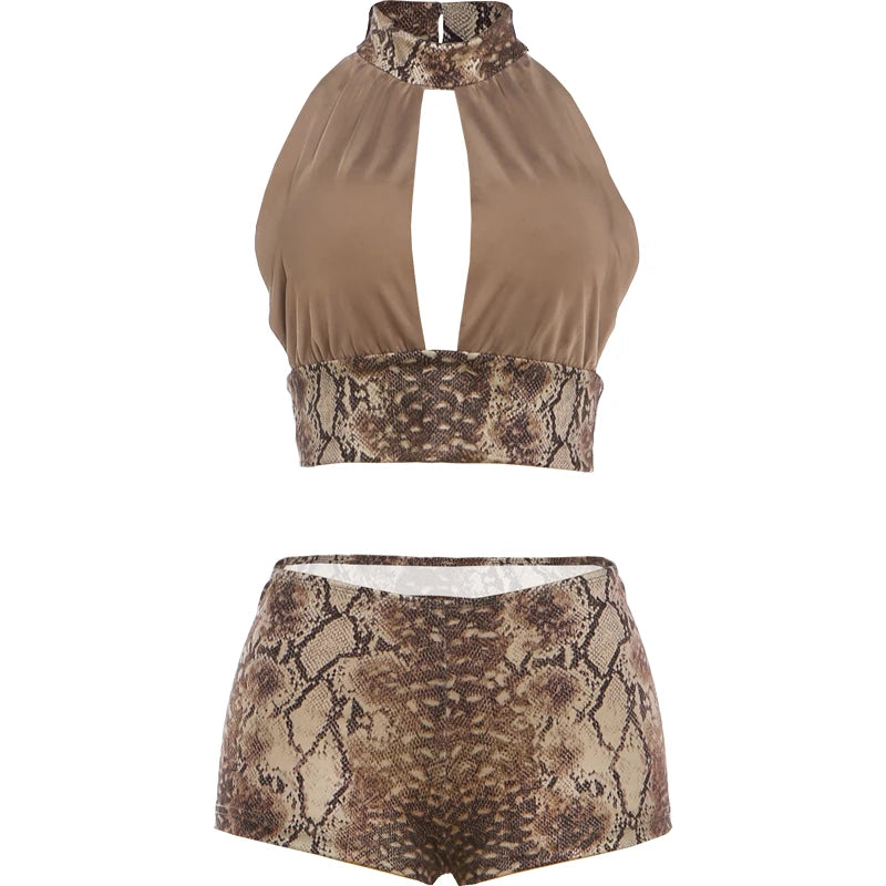 Just Arrived 2 PCS Set  Snakeskin Pattern Hot Girl Design Women's Halter Backless Crop Tops + Skinny Peach Hip Shorts Hot Girls Tracksuit Sexy Fashion Night Clubwear Evening Beach Party Suits
