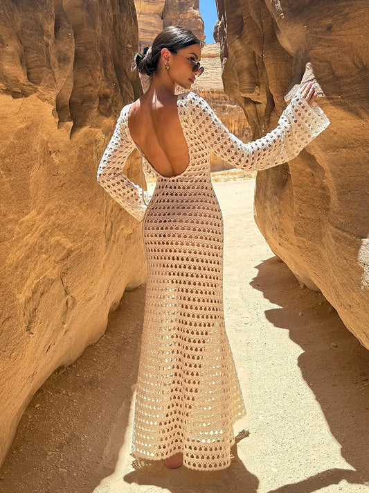 NEW Sexy Handmade Beige Knit Mesh Backless Long Bell Sleeve Beach Maxi Dress Women's Summer Slim Outfits Vacation Swimsuit Cover Up Tunic K205