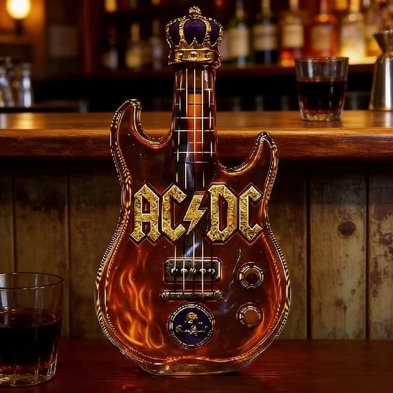 AC/DC Lovers Electric Guitar Shaped Whiskey Decanter with Crown Topper Creative Style Crystal Glass Liquor Bottle for Rock Fans Gifts Bar Pubs Night Club Drinkware Decorations Barware Accessories