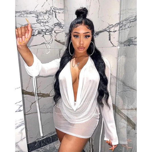 NEW Arrivals 2PCS Set S-2XL UK Plus Size 5 Colors Y2K Sexy Deep V Neck Mini Mesh Dress Women Party Outfit See Through Long Sleeve Night Club Beach Party Bodycon Dresses