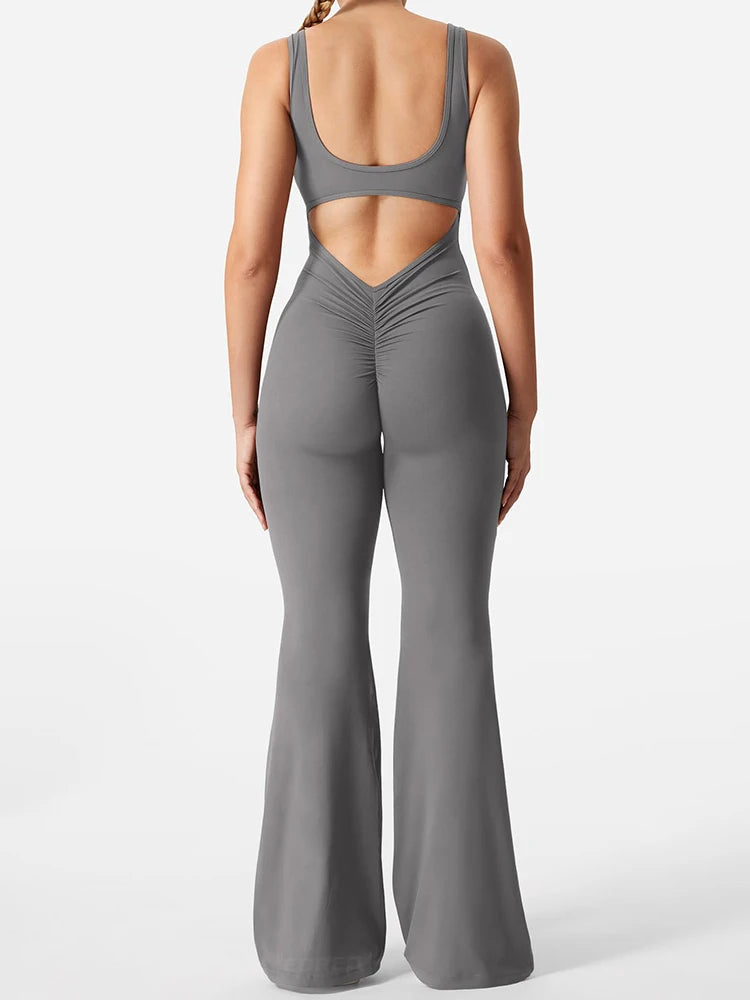 5 Colors S-XL Size Women's Fitness Flared Bodysuit Sexy Backless Fitness Tight Waistband Hipless Yoga Bodysuit V Back Waistband Hip Lift Female Apparel Sports Clothing Supplies