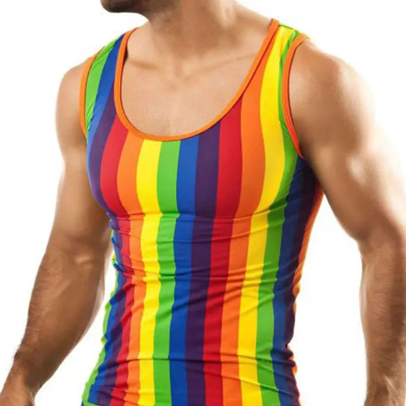 Men's Pajamas Set Rainbow Stripe Printed Sleeveless Tank Shirt Summer Daily Home Tight Sexy Shorts Set Men's 2-Piece Set 2023