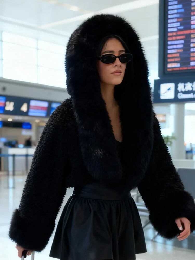 Black/White Color Winter Warm Fur Short Overcoat Women Solid Patchwork Full Sleeve Hooded Loose Thicken Coat Lady Daily Commute Winter Outwear