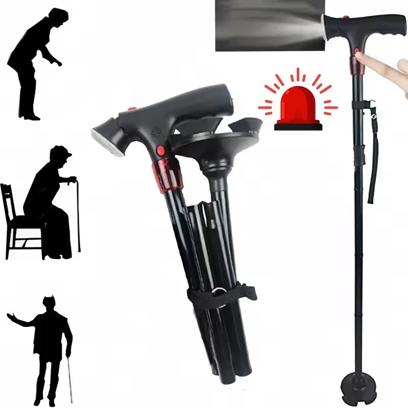 HOT SALE LED Lights +Emergency Alarm SOS Night Hiking Walking Stick Adjustable Height Voice Announcement Non-Slip For Elderly Disabled People Lightweight Aluminum Foldable Outdoor Camping Cane