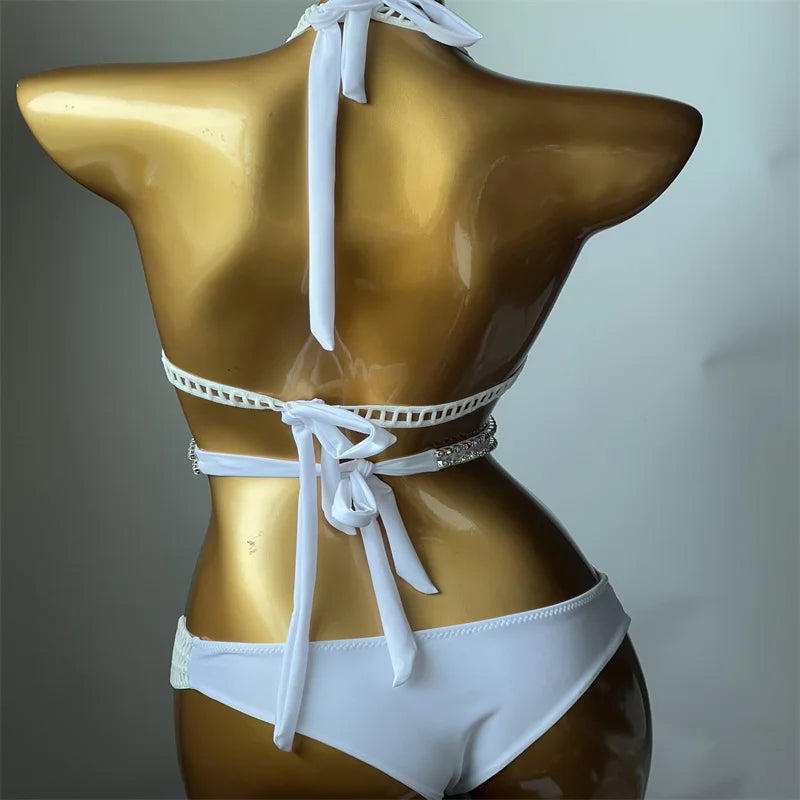 NEW Arrivals Luxury V-Shaped Handmade Pure Color Diamond inlaid Triangle Bikini  Hollow Italian Design High Quality Diamond Bikini Girls Ladies Sexy Beach Wear