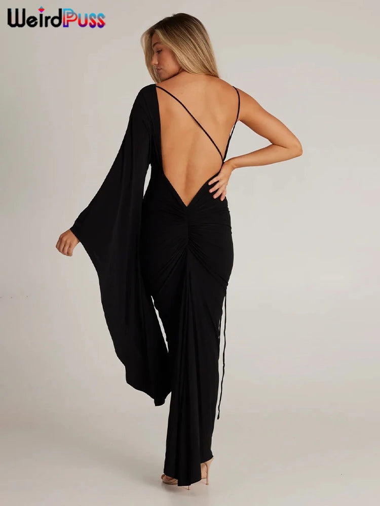 Weird Puss Backless Bandage Women Hip Dress v Neck One Shoulder Ruffles Bodycon 2023 Ladies Fashion Party Stage Performance Wear