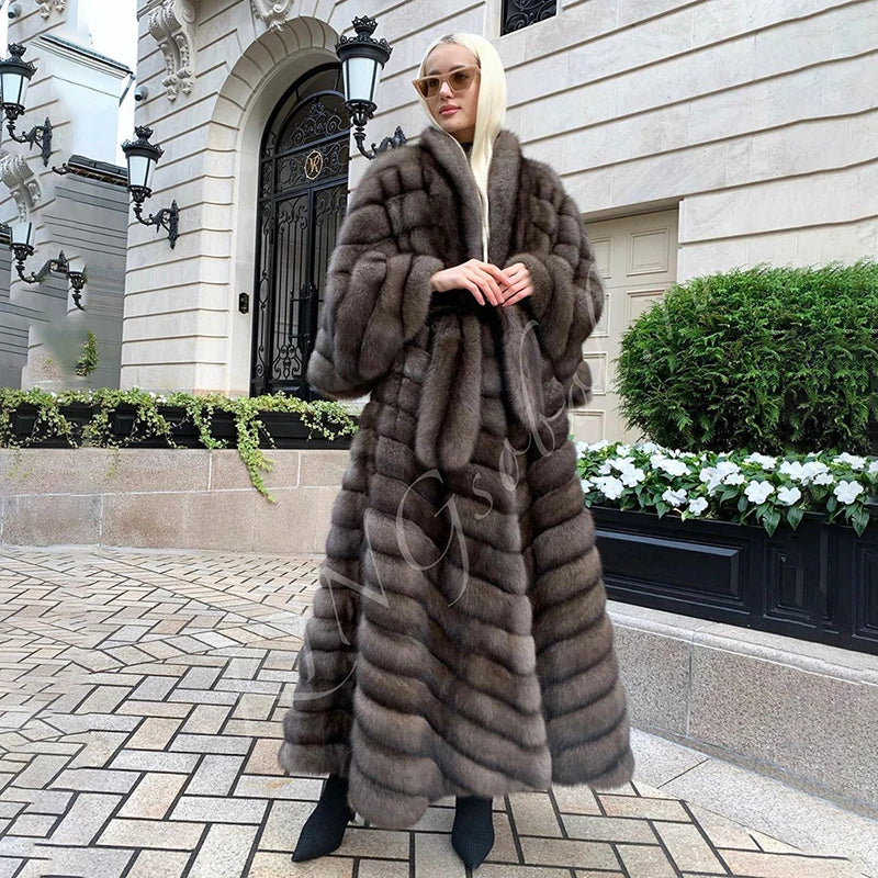 NEW Arrivals Italian Genuine Real Fox Fur Winter Warm Snow Outerwear New Straight Long Sleeve Sable Color Natural Real Fox Fur Coat Evening Party Night Business Dinner Luxury Coat Female Ladies Luxury Fashion Clothing Supplie