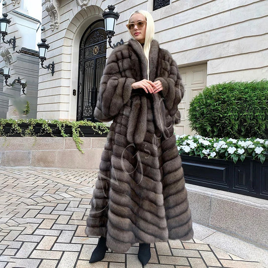 NEW Arrivals Italian Genuine Real Fox Fur Winter Warm Snow Outerwear New Straight Long Sleeve Sable Color Natural Real Fox Fur Coat Evening Party Night Business Dinner Luxury Coat Female Ladies Luxury Fashion Clothing Supplie