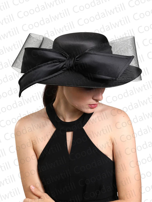 NEW Arrivals Women Sunday Church Funeral Luxury Satin Fedora Hat Female Elegant Wedding Fascinator Bow Party Chapeau Femme Vintage Formal Racing Headwear Girls Ladies Luxury Fashion Apparel Accessories Supplies