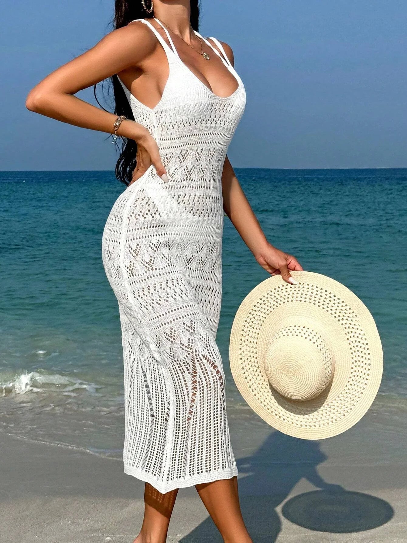 NEW Arrivals S-2XL UK Size Black/White Sexy Handmade Crochet Women's Fashion Hollow Out Maxi Dress Cover Up Skirt Suspender Skirt Showing Body Waistline Free Bikini Cover Ups Dress