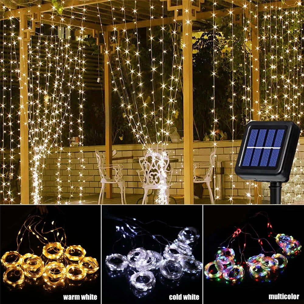 LED Solar Fairy Curtain Lights Waterproof Outdoor String Lights Christmas Garland String Lights Deco For Yard Garden Pavilion