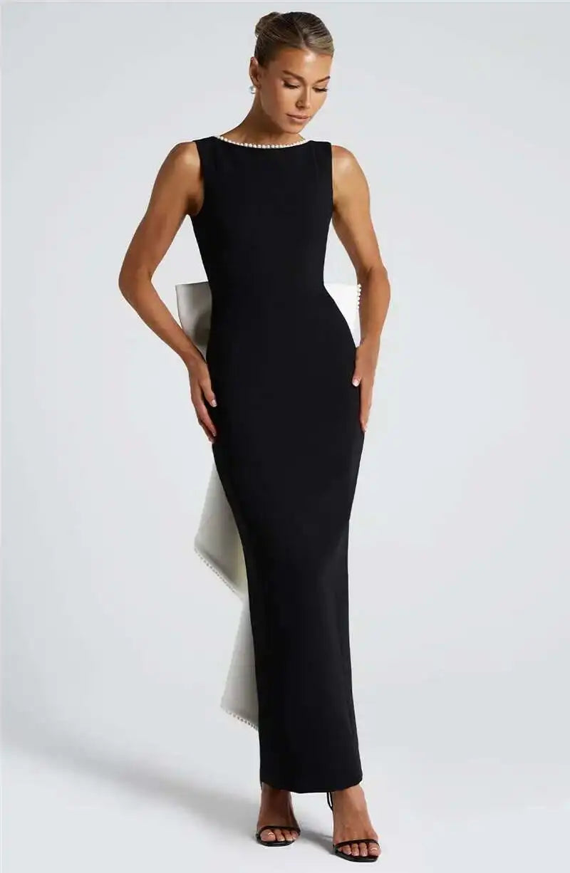 NEW Elegant Pearl Bow Backless Sexy Maxi Dress Women Gown Fashion Sleeveless High Waist A-Line Club Party Long Dress