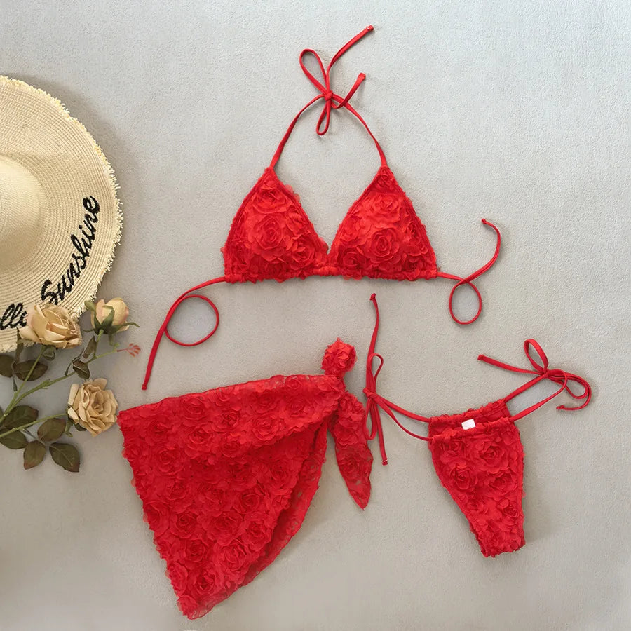 3 PCS Set Sexy Bikini Floral Fabric Strap Women's Triangle Bag Cross-Border New Arrival Top Quality Swimwear for Swimming Women Summer Beach Apparel Clothing Suits