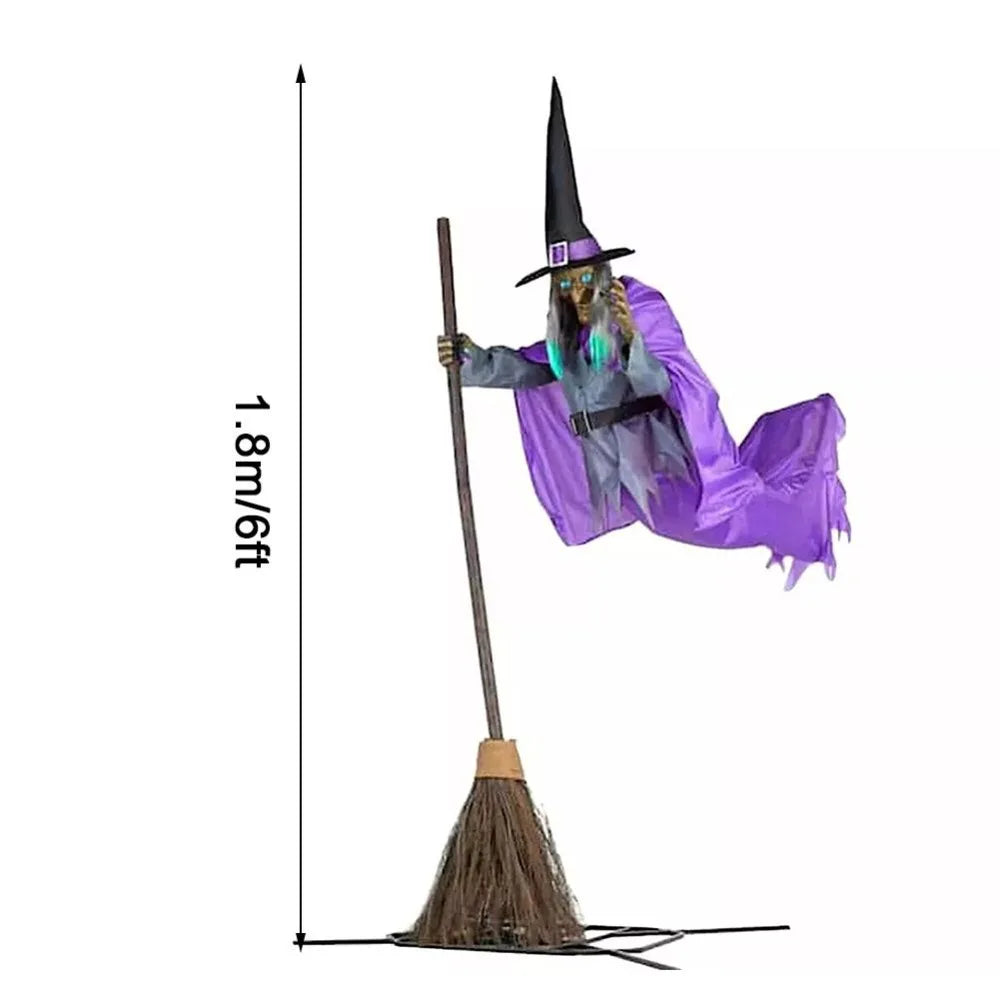 Halloween Animated Hovering Witch Animatronics Purple 6 FT Garden Props Flying Witch With Lights Hovering Witch Decorations