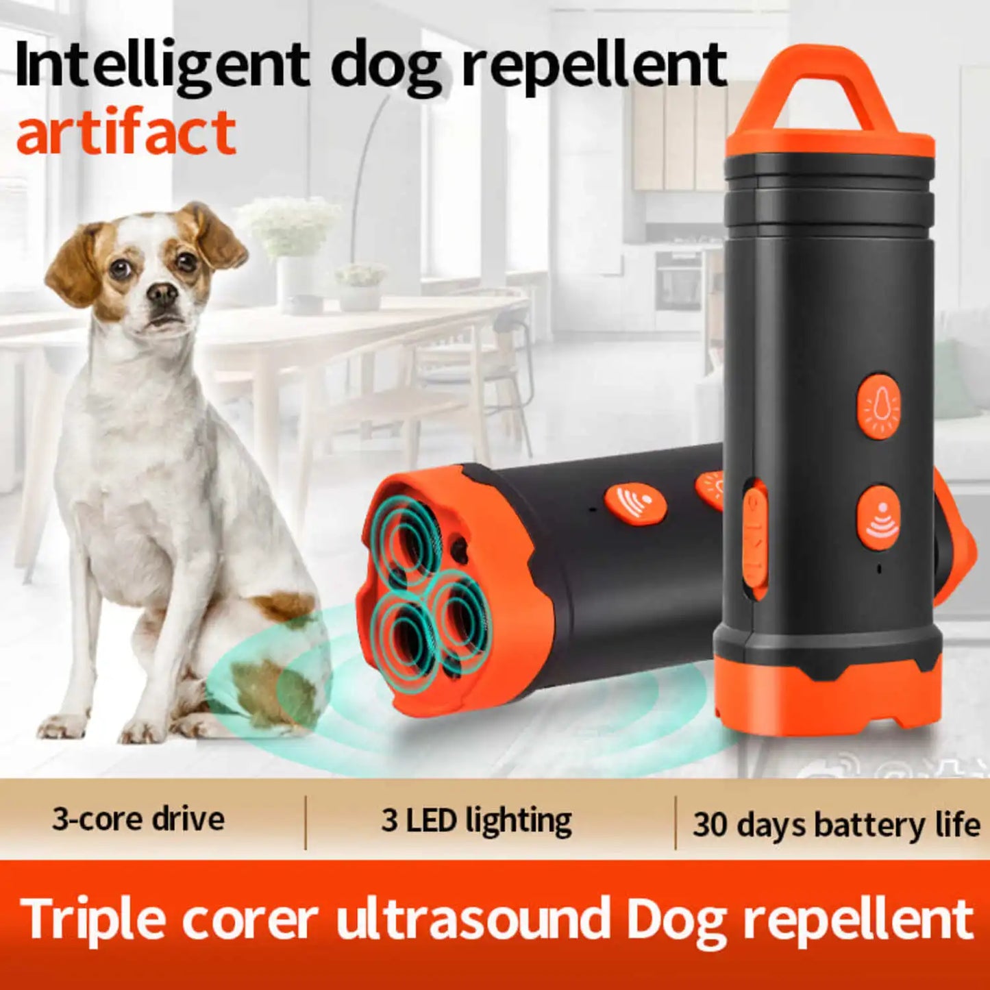 Ultrasonic Dog Repellent with LED Light Tri-core High Power Portable Handheld Ultrasonic Dog Trainer Repels Large Vicious Dogs