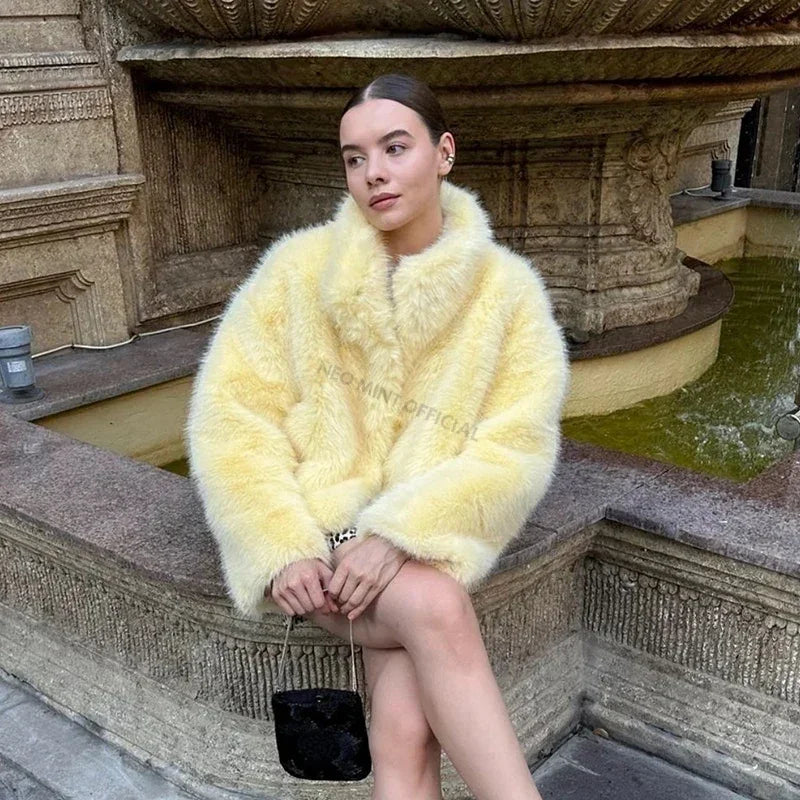 NEW Arrivals UK S-2XL Size White/Yellow Color Neo Mint Winter Women Yellow Faux Fur Jacket Chic Girls Fashion Streetwear Thicken Warm Stand Collar Fox Fur Coat Outerwear