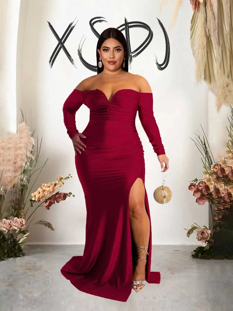 NEW Arrivals XL-4XL UK Size Green/Red/Black/Blue Curvy BBW Women Elegant Luxury Off The Shoulder Dress Strapless Long Sleeve Evening Party Wedding Birthday Dress Spring Plus Size Female Side Slit Dress
