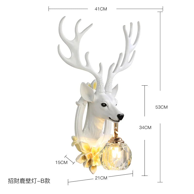 American Retro Lucky Deer Head Warm and White Lighting Wall Lamps Living Room Bedroom Restaurant Hotel Atmosphere Decorate Crystal Antlers Wall Sconces