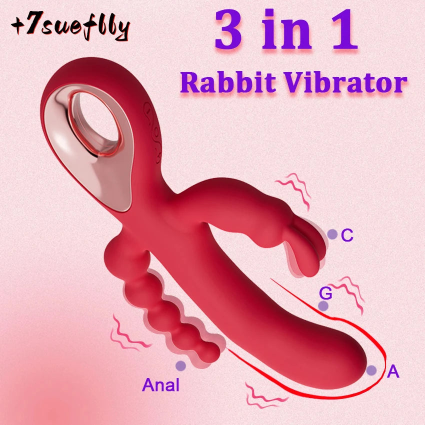 3 In 1 Dildo Rabbit Vibrator Adult Female Masturbator Clitoral Stimulator G-Spot Orgasm Dildos Sex Toy Vagina Massage Anal Beads