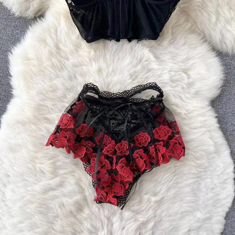 Gathering Underwear Set Super Short Tops Sexy Lingerie Patchwork Lace Flowers Black See-through Women's Secret Clothes Pajamas Ladies Luxury Lingerie Fashion Clothing Products