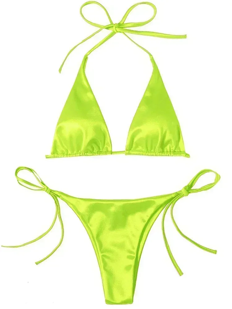 18 Colors UK Size Halter Brazilian Metallic Satin Bikini Women Swimwear Female Swimsuit Two-pieces Bikini Set High Cut Bathing Suit Swim Beachwear