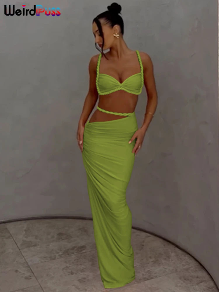 NEW 2PCS Set S-XL UK Size 12 Colors Italian Design Square Collar  Women Bra +Skinny Long Skirts Bandage Ruched  Summer Vacation Beach Party Trend Suits