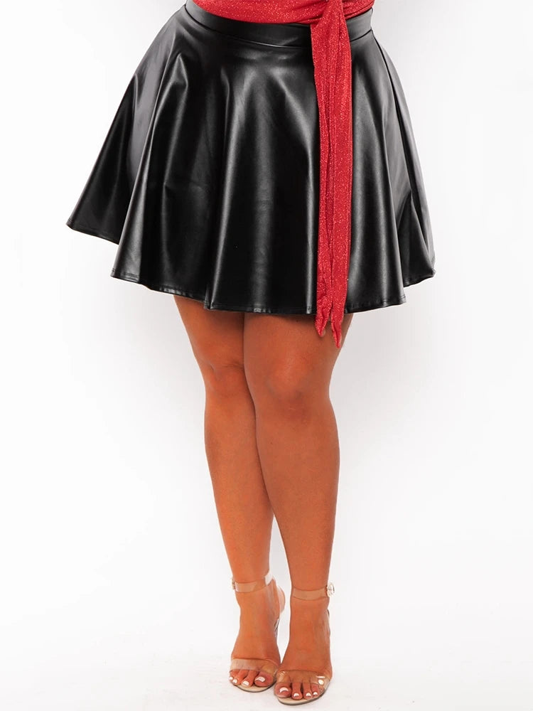 L-5XL Plus Size Elegant Leather Skirts for Curvy Women and Big Girls Summer Streetwear Leather Skirt Sexy A-Line Flare Ladies Black Skirt Evening Party Night Clubwear