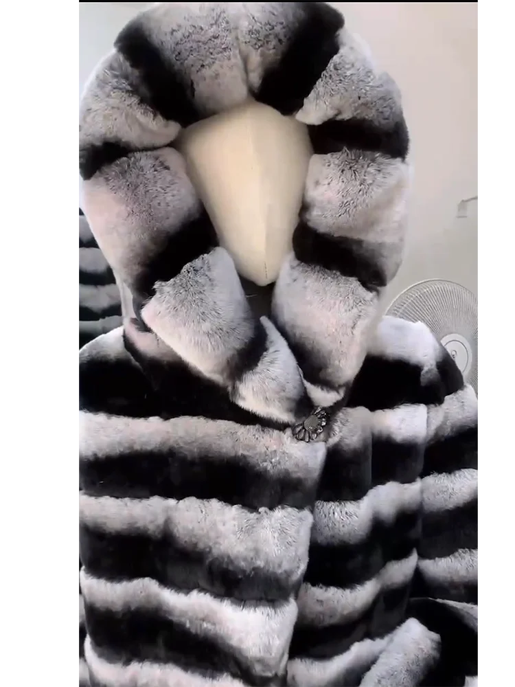 NEW Arrivals S-3XL Real Rex Rabbit Luxury  Fur Coat with Hood for Women, Luxury Jacket, Chinchilla Color, Ladies Girls Winter Fashion Clothing Products
