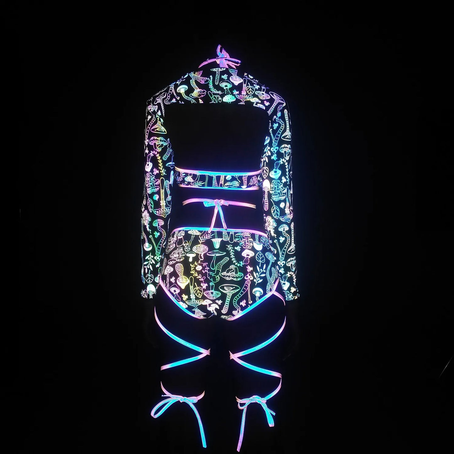 NEW Harajuku Rave Party Music Festival Night Clubwear Dancing Luminous Flashing Glowing Suit Set Fashion Women Colorful Reflective Set Bandage Shorts+Bra+Crop Top Tech Wear Fashion Clothing Supplies