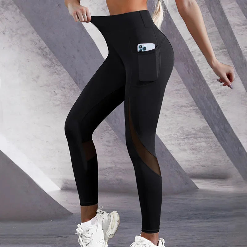 NEW Arrivals HOT Sales Black/Burgundy Pockets Mesh Leggings Stretchy Fitness Running High Waist Yoga Pants Women Sports GYM Legging Workout Leggings Fashion Sportwear Supplies