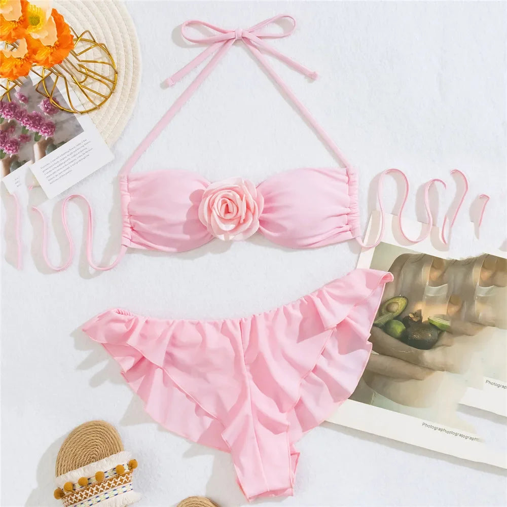 NEW Arrivals UK Size Pink 3D Flower Bandeau Bikinis Sets Sexy Swimsuit Women String Halter Swimwear Ruffled Bathing Suit Beach Wear Ladies Sexy Bikini Suit
