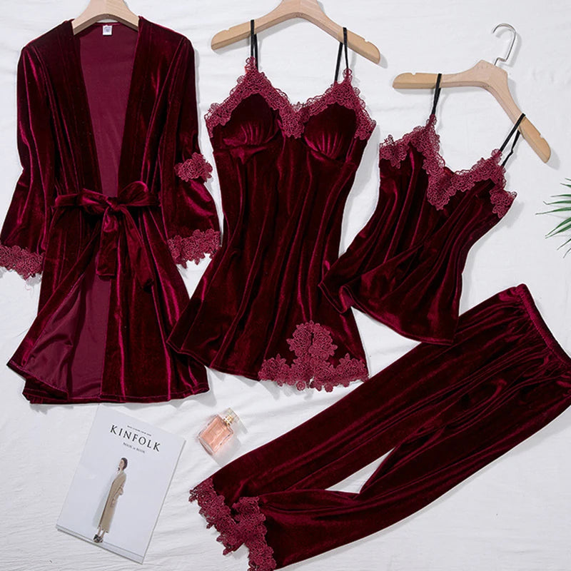 Luxury Velvet 4PCS Set M-2XL 4 Colors Pajamas Set Autumn Female Sleepwear Lounge Wear Sexy Burgundy Lace Bathrobe Nightgown Loose Velour Girls Ladies Luxury Home Wear Apparel Products