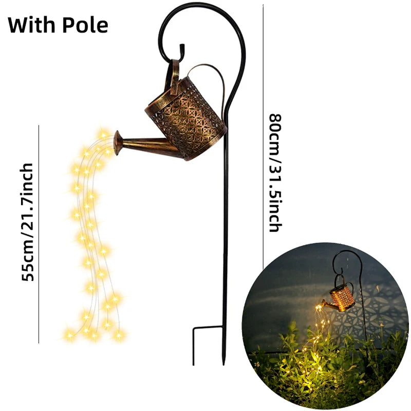 Solar Watering Can with Pole Light Hanging Kettle Lantern Light Waterproof Garden Decor Metal Retro Lamp for Outdoor Table Patio Lawn Yard