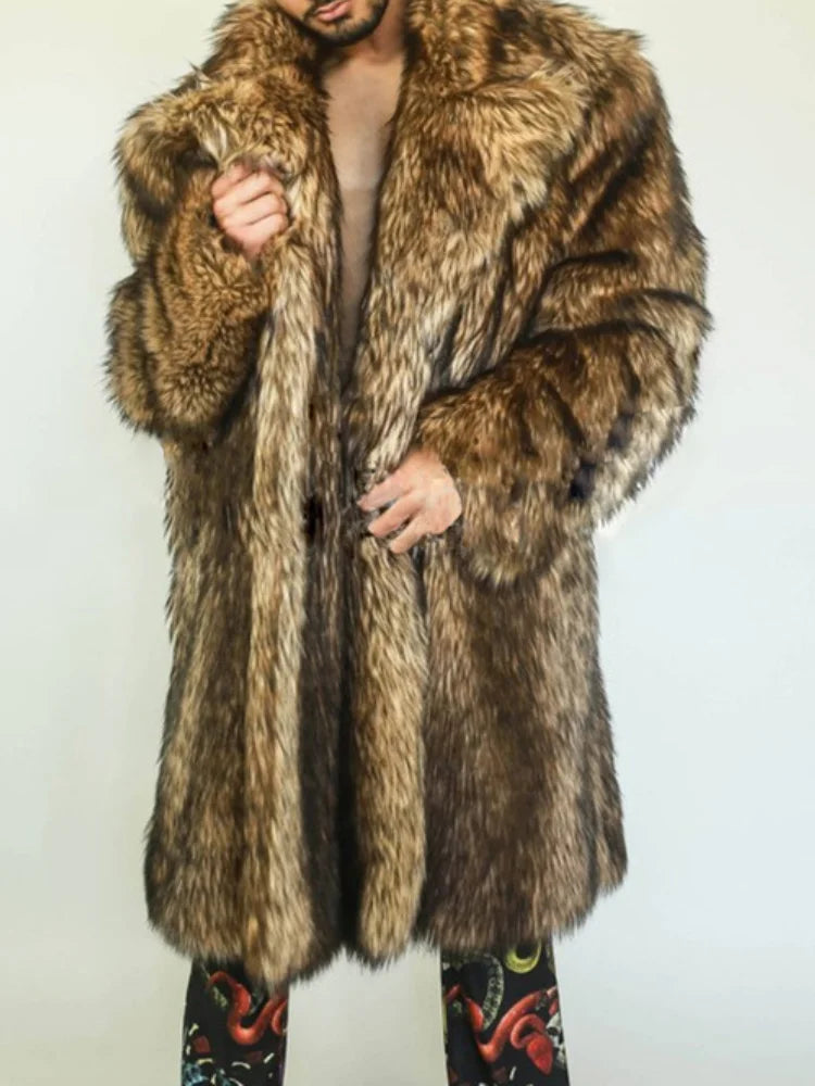 S-6XL NEW HOT SALE Italian Style Luxury Men Autumn Winter Thick Maxi Faux Fox Fur Coat Jacket Long Sleeve Warm Black Parkas  Furry Shaggy Outerwear Snow Clothes Gift for Husband Boyfriend Lover Men Luxury Fashion Clothing Sup