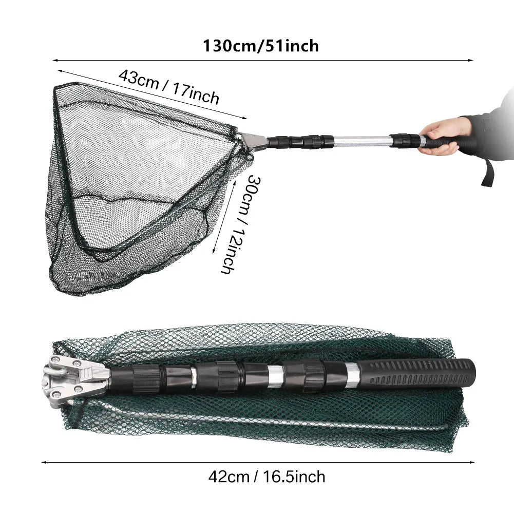 Fishing Landing Net Aluminum Alloy Durable Telescoping Extend to 190cm/130cm/55cm Folding Mesh Safe Fish Catching Releasing Fishing Accessory Sets