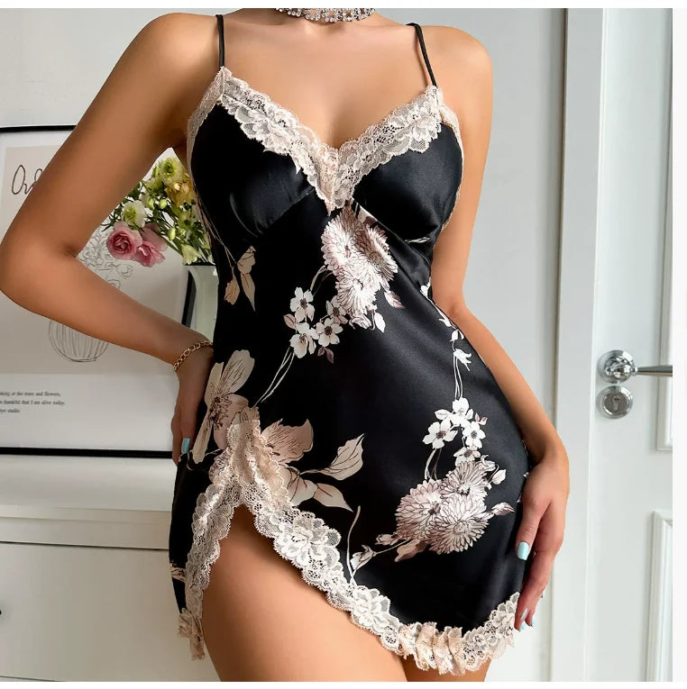 NEW Arrivals S-XL 10 Patterns/Colors Silk Lace Trim Leopard Nightdress V Neck Backless Side Split Slip Sleep Dress Women's Sleepwear Dresses