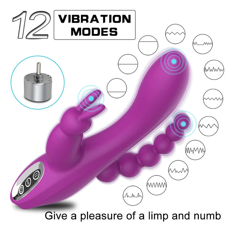 Adult 3 In 1 Rabbit Vibrators For Woman Dildo Clitoris Massage Anal Beads Sex Toys G-Spot Stimulator Female Masturbator Adults 18+