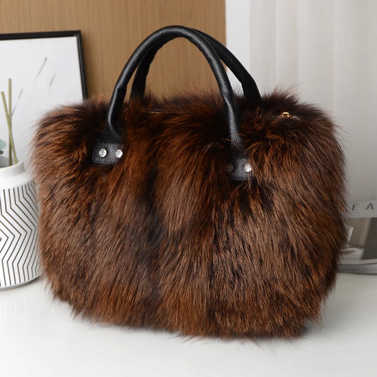 Luxurious Real Natural Red Fox Fur Handbag Women Single Shoulder Crossbody Bags Lady Clutch Bag Tote Bag Winter Outdoor Evening Travel  Ladies Warm Shoulder Bags Female Women Luxury Fashion Clothing Accessories Products